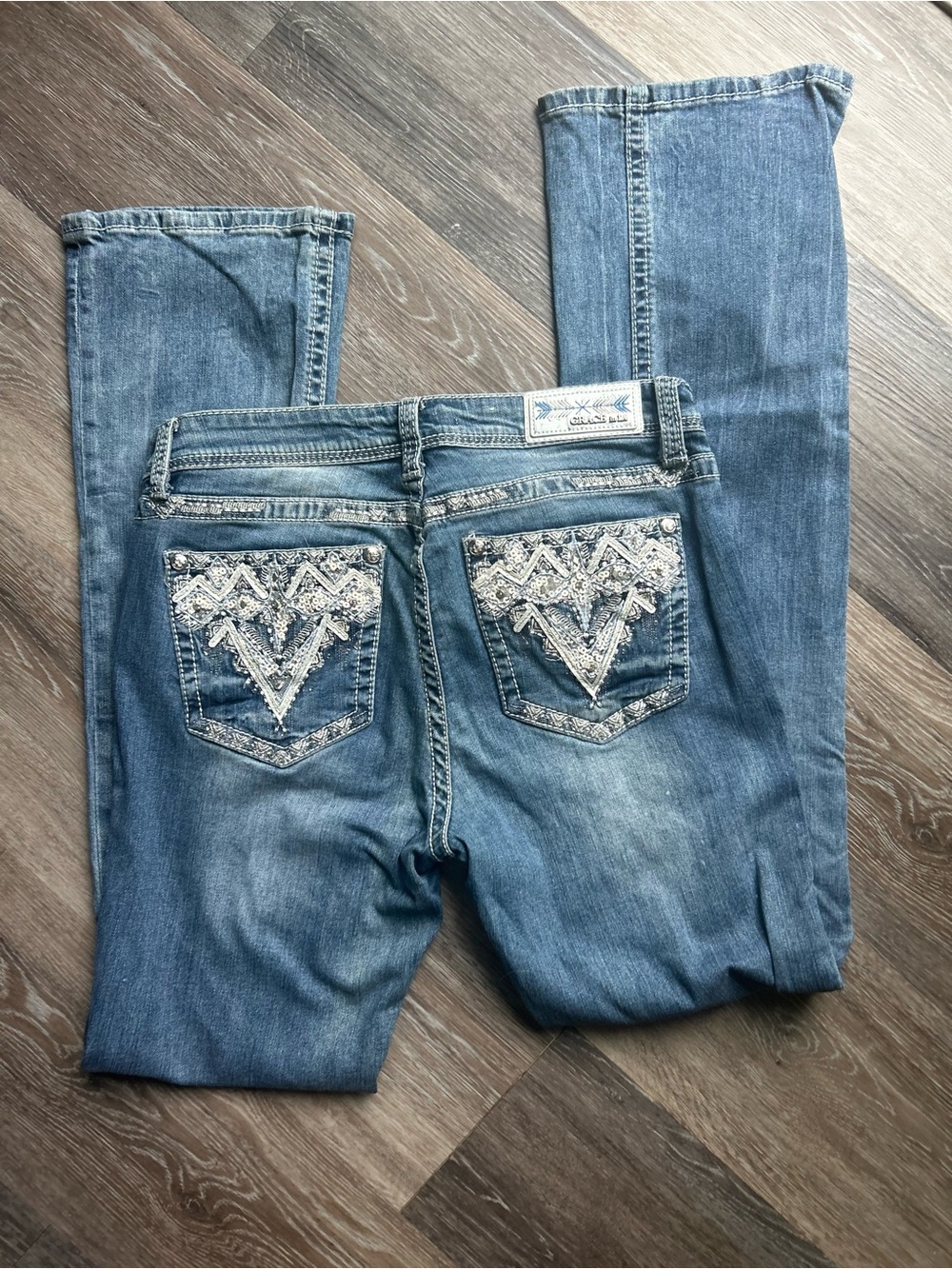 Grace in LA Blue Boot Cut Jeans with Embellished Back Pockets